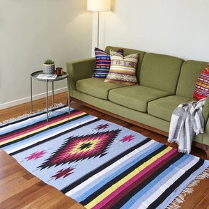 Mexican Floor Rug Aztec design Multicoloured: Light Blue - Bild 1 von 4