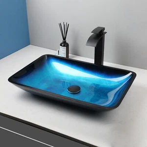 22" Rectangle Bathroom Vessel Sink Blue Glass Basin Sink With Black Faucet Drain - Picture 1 of 7