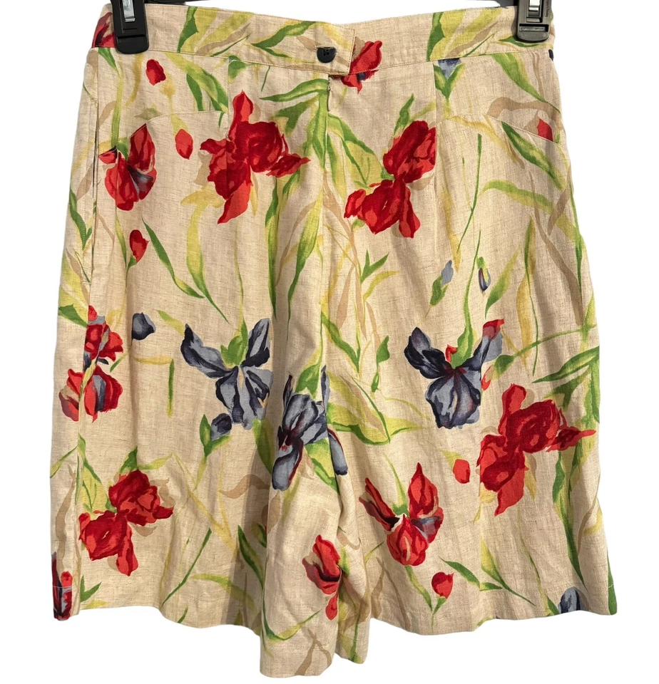 Pantalones cortos de mezcla de lino tallado con volantes talla 12 beige entrepierna múltiple floral para mujer  Foto 1 de 4