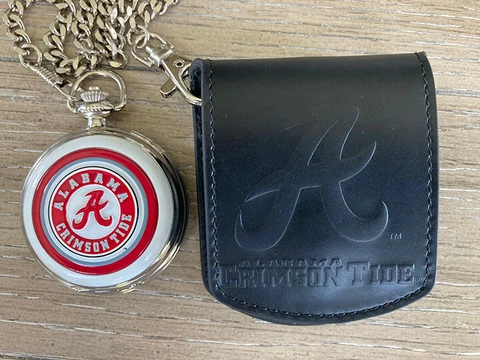 Danbury Mint NCAA Alabama Crimson Tide Pocket Watch w/Chain & Leather Belt Pouch Cover