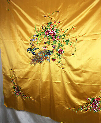 Vintage Chinese Machine Embroidered Peacock Floral Yellow Textile • 66.94$
