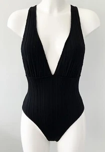 NEW Primark Black Ribbed Stripe Plunge Swimsuit UK 6 - Picture 1 of 3