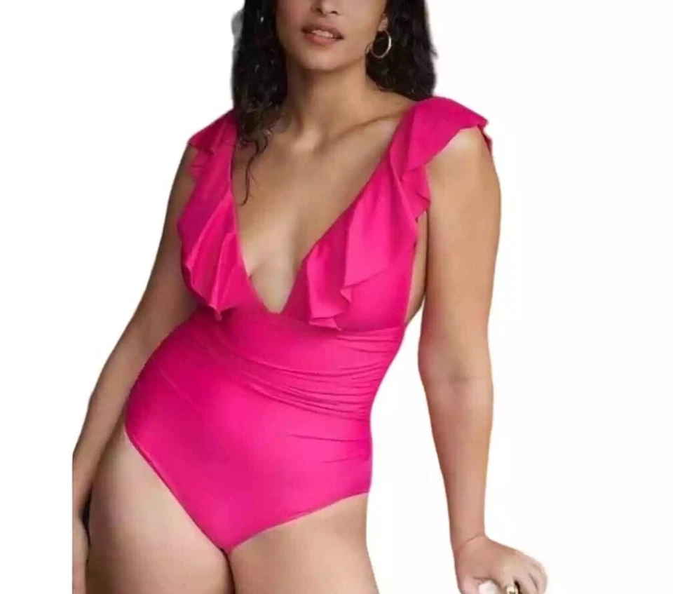 J. Crew Ruched Ruffle One Piece Swim Suit 6 Fuschia Pink Beach BP222 J.Crew