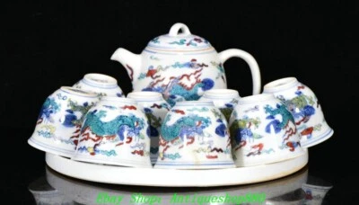 Juego de platos bandeja taza taza dragón porcelana Doucai marcada Ming Chenghua de 8"" Foto 1 de 4