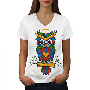 Wellcoda Bright Colorful Owl Womens V-Neck T-shirt, Nature Graphic Design Tee