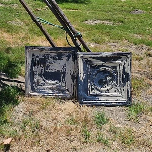 Set of 2 Wood Framed Tin Metal Rustic Garden Art Decor 23" x 23" Weathered - Picture 1 of 6