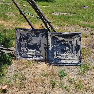 Set of 2 Wood Framed Tin Metal Rustic Garden Art Decor 23" x 23" Weathered - Image 1 of 4