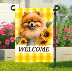 Garden flag, welcome spring Pomeranian, 12” x 18”, thick burlap, double-sided - Picture 1 of 10