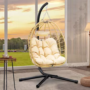 TAUS Wicker Rattan Hanging Swing Egg Chair w/Steel Stand+Cushions Indoor Outdoor - Picture 1 of 6