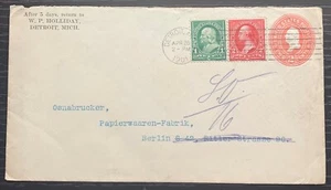 1901 US POSTAL COVER SCOTT #U79 DETROIT MICHIGAN TO BERLIN GERMANY VF - Picture 1 of 2