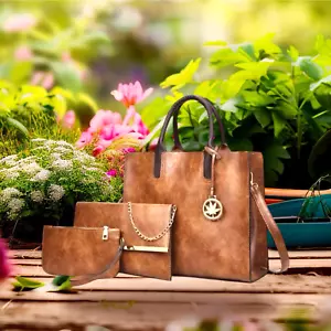 3PCS/SET Handbag Faux Leather Purse Tote Bag Crossbody Purse Clutch Shoulder Bag - Picture 1 of 8