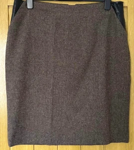 Jaeger pale brown wool rich skirt with real leather edged pockets - size 16 - Picture 1 of 4