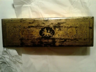 RARE Antique 19th black and gold lacqueware prayer box burma burmese - Image 1 of 4