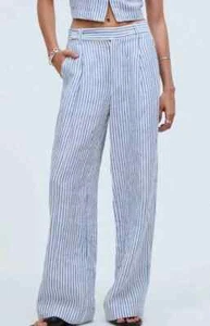 Madewell The Harlow Wide Leg Pants Women Size 8 Striped Blue White Linen Summer - Picture 1 of 8