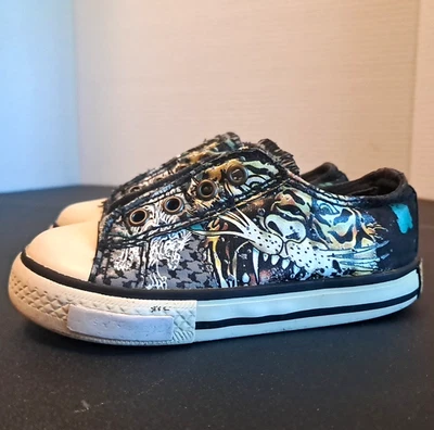 Vintage Y2K Don Ed Hardy Tattoo Tiger Slip On Sneakers Kids Size 7 Black Brown - Image 1 of 4