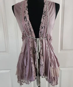 Boho Lace Vest S Fairy Grunge Victorian Goth Steampunk Layered Ruffle Dusty Plum - Picture 1 of 11