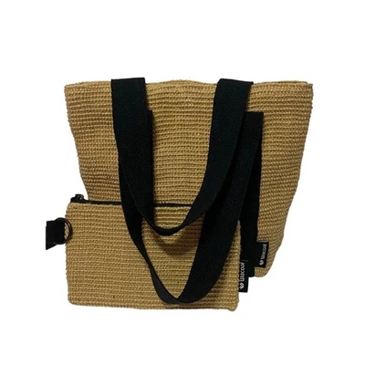 WACOAL Bolso de Mano de Yute Tostado Natural Cartera y Muñequera Asas Negras Sostenible NUEVO Foto 1 de 4