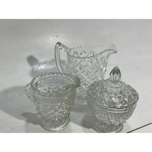 Vintage Pressed Glass Diamond Point Creamer, Sugar Bowl & Pitcher Set EAPG Style - Picture 1 of 10