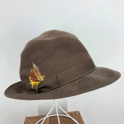 Vintage Dobbs Fifth Avenue New York Mens Fedora Ribbon Feathers Brown Lined 7.5 - Image 1 of 4