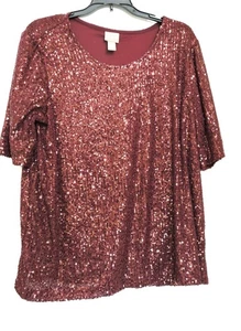Chicos burgundy wine sequin sparkly lined short sleeve top blouse Tag Sze 2 = M - Picture 1 of 6
