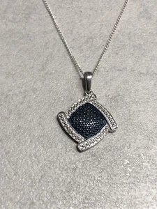 Sterling Silver 925 Fancy Blue Diamond Gemstone Square Pendant Chain Necklace - Picture 1 of 7