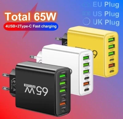 Multiport Schnellladegerät 4xUSB 2xUSB-C 65W Type USB/C Netzteil Ladegerät NEU - Bild 1 von 4