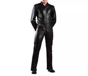 Mens Real Soft Leather Catsuit Overall Bodysuit Jumpsuit Front Zipper Costume - Picture 1 of 5