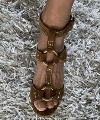 Prada Sz 36.5 Tobacco Color Heeled Sandal W Gold Hardware  - Image 1 of 4