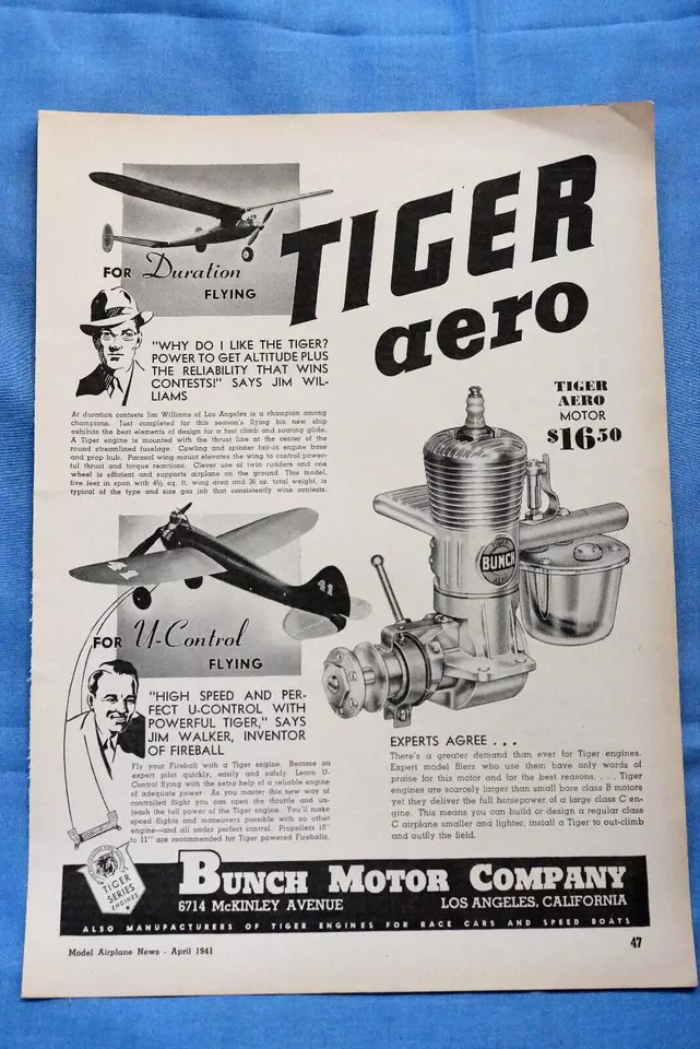 Tiger Aero Motor Advertisement - Model Airplane News April 1941 - Image 1 of 1