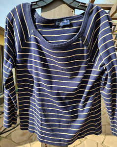 T-Shirt Jones New York 100 % Baumwolle marineblau & hellbraun gestreift langärmelig Bootsausschnitt XL