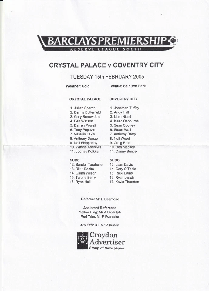 Crystal Palace v Coventry City Reserves programme 15.2.2005 - Image 1 of 1