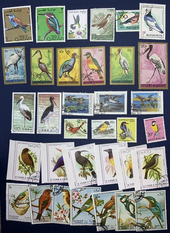 WW LOT OF 34 DIFFERENT BIRD STAMPS FROM CHINA, BURUNDI, RUSSIA, QATAR & MORE Cover
