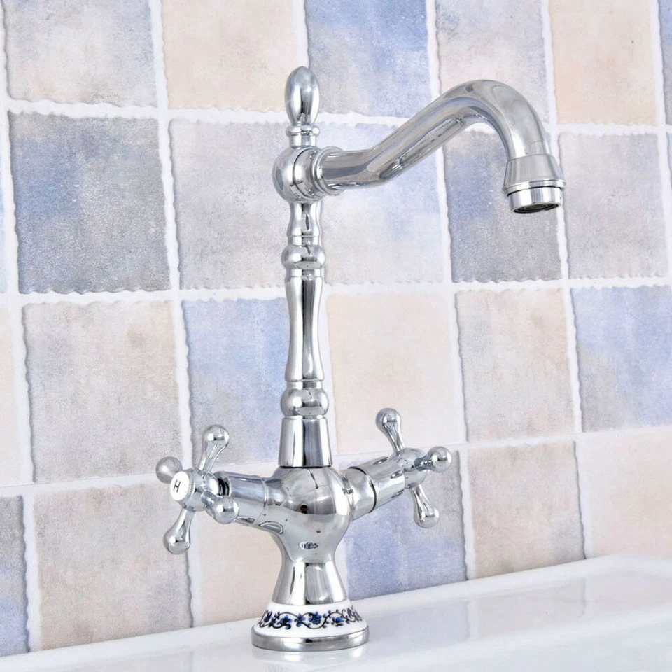 Polished Gold Bathroom Basin Cross Handle Kitchen Sink Faucet Swivel Mixer Tap - Image 1 of 4