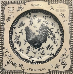 4 Queen's China Black Rooster Dinner Plates 10.75 Farm Toile Gingham EUC - Picture 1 of 6