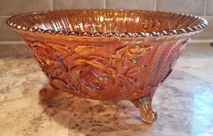 Vintage Imperial Luster Carnival Glass Orange Rose Footed Bowl Iridescent 10" - Picture 1 of 4