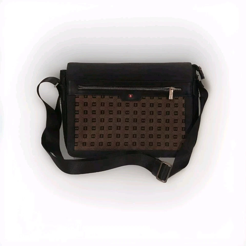 Vintage BALLY Brown Monogram Canvas Black Leather Messenger Bag - Image 1 of 4