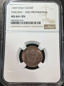 1859 Italian States Tuscany MS66+ BN 2 Centesimi NGC C 82 TOP GRADE! RARE! - Picture 1 of 4