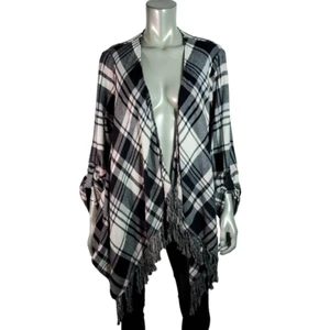 Torrid Flannel Drape Fringe Hem 3rd Piece Top Sz 1X Open Front Tab Sleeve Black - Picture 1 of 7
