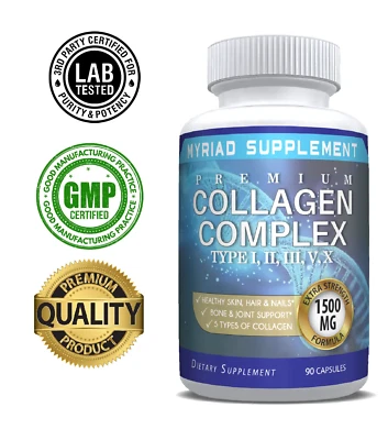 Complex Premium Collagen Peptides Pills Hydrolyzed Anti-Aging Types I,II,III,V,X - Image 1 of 4