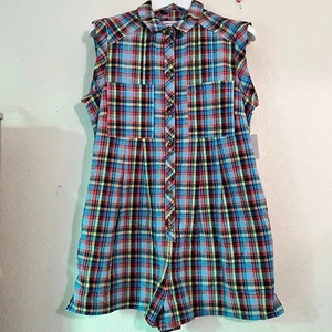Urban Outfitters Womens Zoey Workwear Romper Medium Short Sleeve Plaid Blue Red - Picture 1 of 10