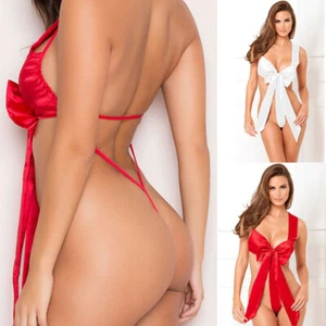 Body sexy rosso raso donna USA fiocco più un nodo lingerie pigiama taglia pezzo - Foto 1 di 15