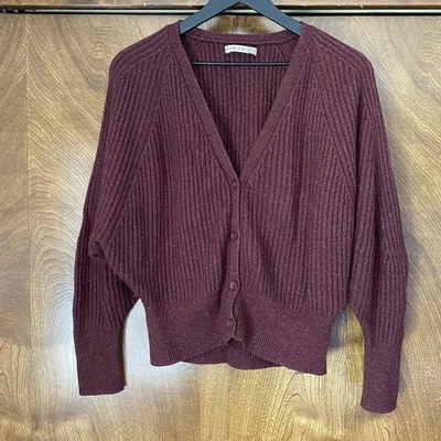 Alice + Olivia Large Metallic Shimmer Brown Cashmere Wool Ribbed Cardigan - Image 1 of 4