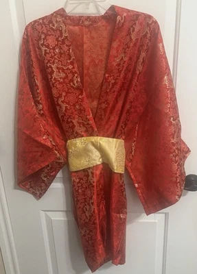 New Shiny Red & Gold Kimono, Reversible Belt, Black Purse Halloween Costume OS - Image 1 of 4