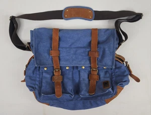 Sechunk Messenger Bag Blue Canvas with Brown Leather Trim - Picture 1 of 16