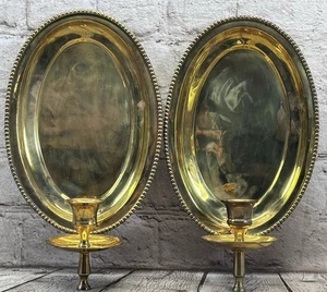 "Par de apliques de velas de pared de latón vintage mediados de siglo India placas traseras ovaladas de 10,5""" - Imagen 1 de 3