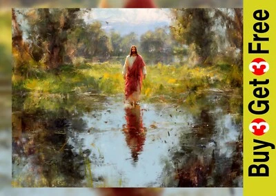 Jesús Caminando Agua 5"x7" Impresión sobre Papel Mate | Pintura Naturaleza Espiritual Foto 1 de 4