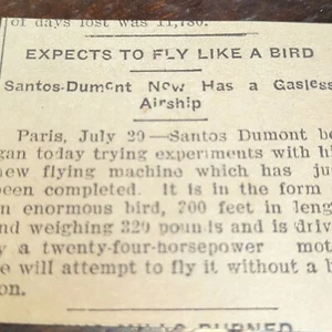 Alberto Santos-Dumont 1906 tiene dirigible sin vidrio París Francia recorte de periódicos - Imagen 1 de 2