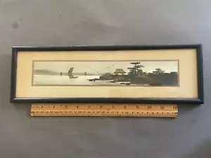 DE COLECCIÓN JAPONÉS ASIÁTICO VELA BARCO DE PESCA LAGO ORILLA ÁRBOLES DIBUJO ENMARCADO - Imagen 1 de 8