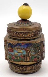 Chinese Cloisonne Brass Covered Tea Caddy/ Spice Enamel Work Peking Glass Finial - Picture 1 of 7