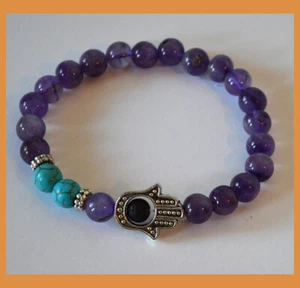 Amethyst Gemstone Turquoise Bead Hamsa Energy Healing Protection Bracelet - Picture 1 of 3